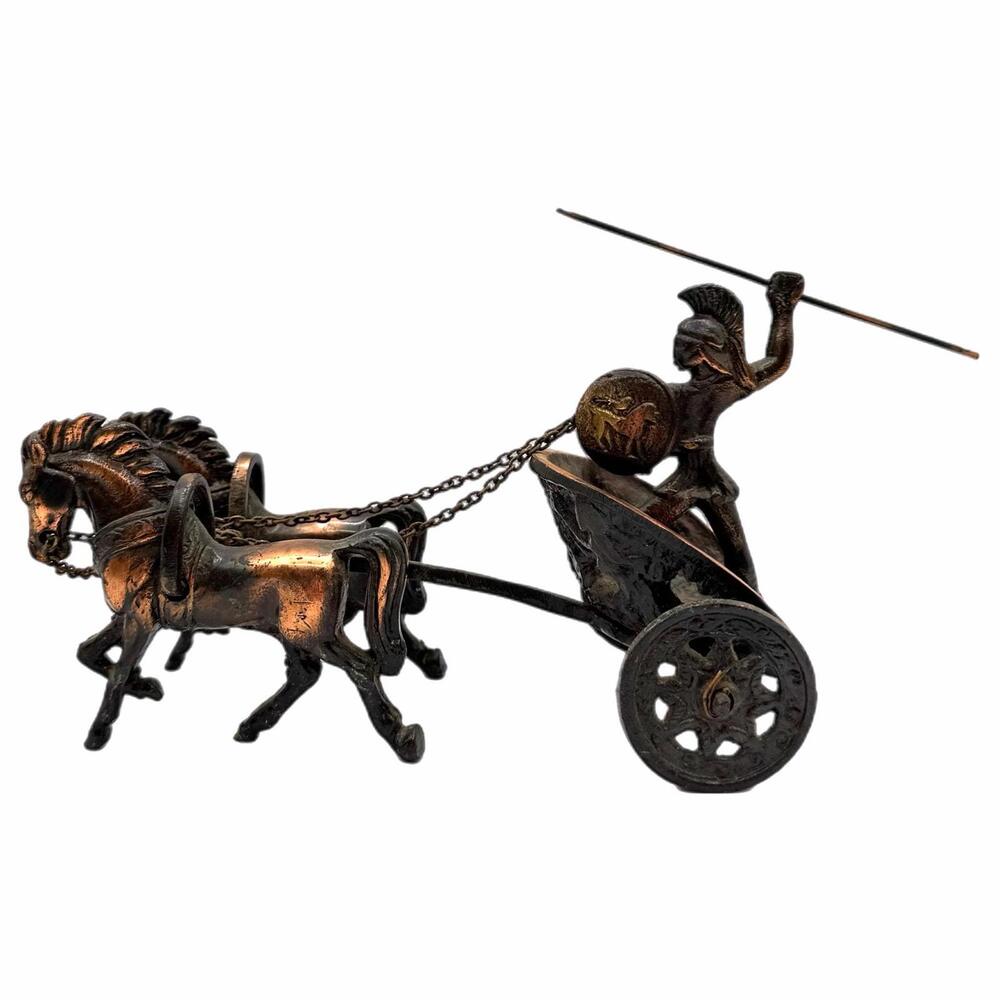 Vintage Bronze Roman Warrior Riding Chariot Pulled By 2 Horses Figurine